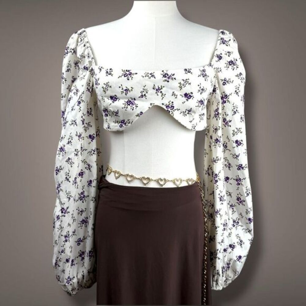 ASOS Floral Puff Sleeve Corset Crop Top Womens Size 6  Cottagecore Romantic Date